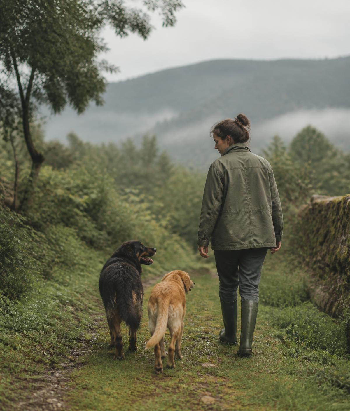 Pessoa a acompanhar dois cães num caminho natural — imagem de referência temporária